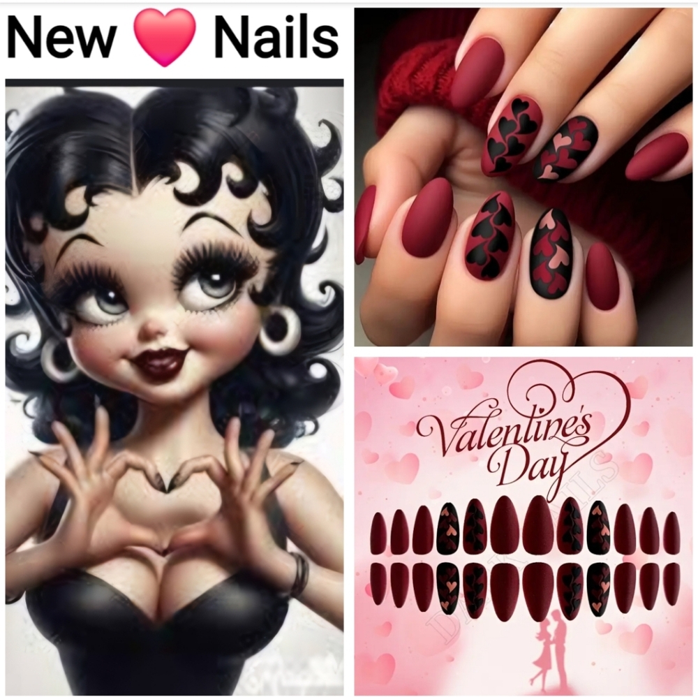 24pcs Nails Matte Finish with 3D Embossed Hearts & Almond Shaped FrostedColorful